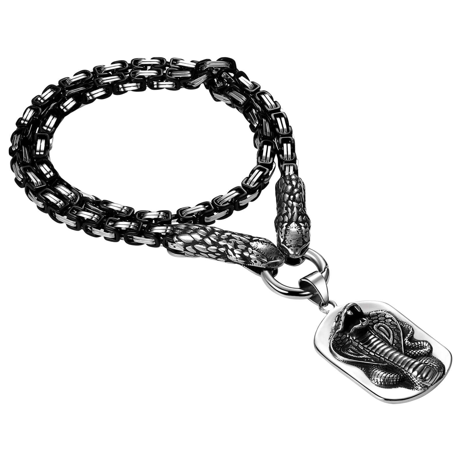 OIDEA Viking Thor's Hammer Necklace for Men: Vintage Viking Helm of Awe Mjolnir Pendant with Wolf Head Byzantine Chain Amulet Jewelry Gift for Men Women 24in Chain