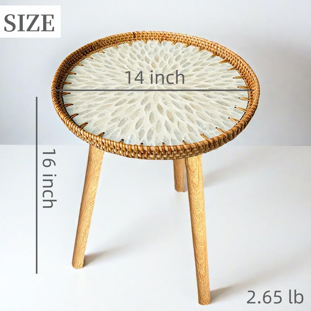 Small Rattan Side Table/Round Coffee Table for Small Spaces, Mini Modern Coffee Table with Shell Design Tray, Outdoor End Tables for Patio, Boho Nightstand for Bedroom or Living Room