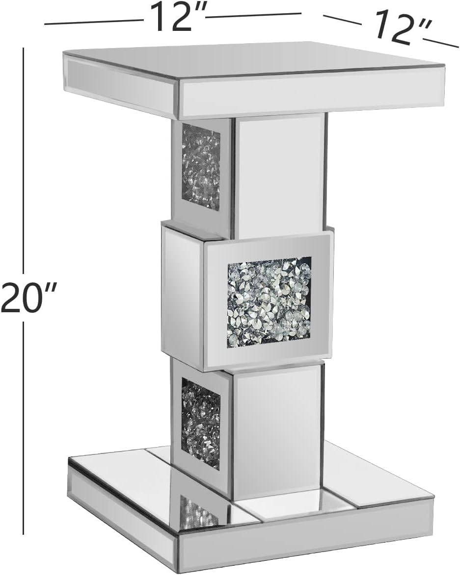 Silver Mirrored End Table With Crystal Inlay, Modern Side Table Accent Table, Square Small Coffee Table for Living Room, Bedroom
