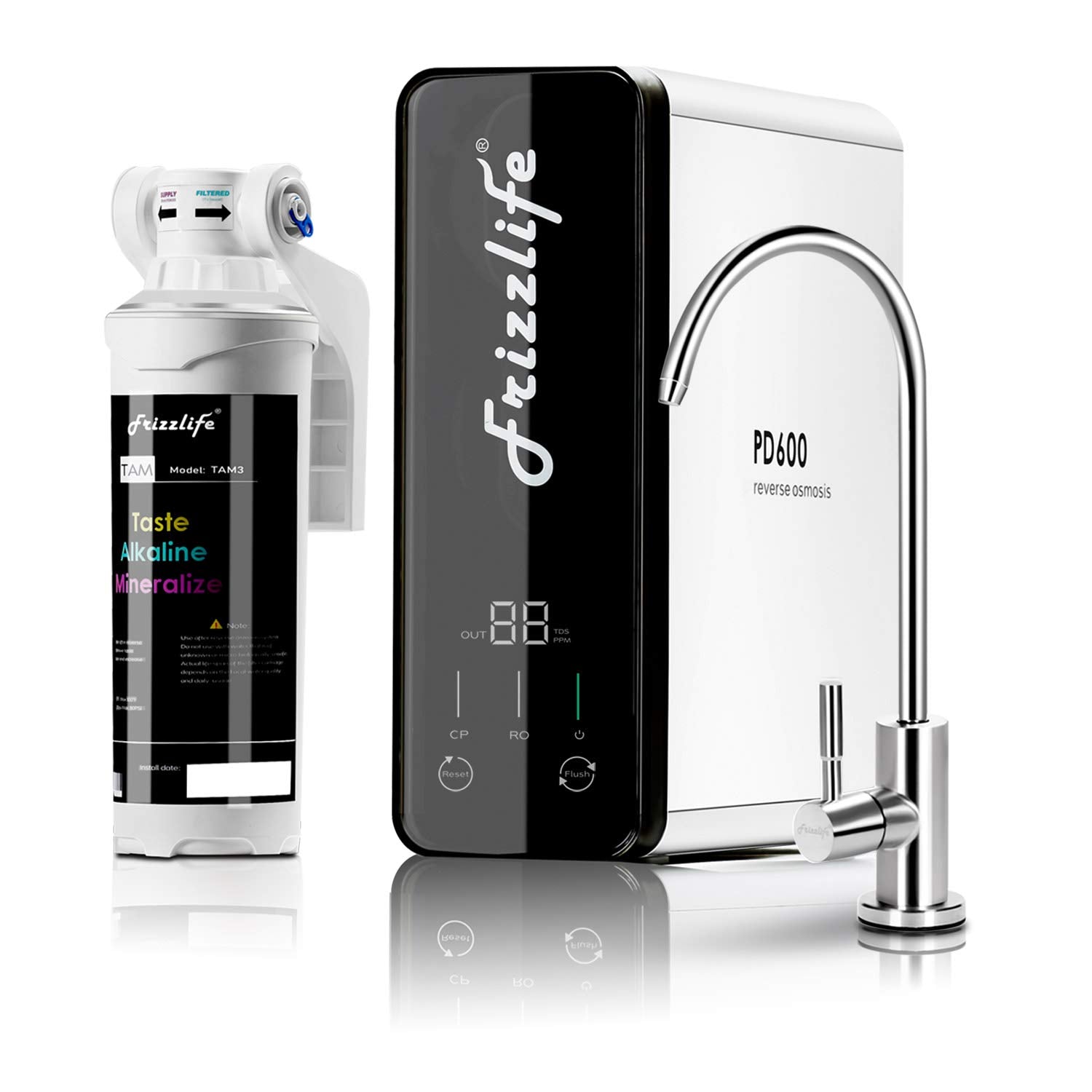 Frizzlife 1000GPD Reverse Osmosis Water Filter, Alkaline Mineral pH+ Reverse Osmosis System, 9-Stage Filtration Tankless RO Water Filter System, 2:1 Pure to Drain, Under Sink, Reduce TDS, PD1000-TAM4