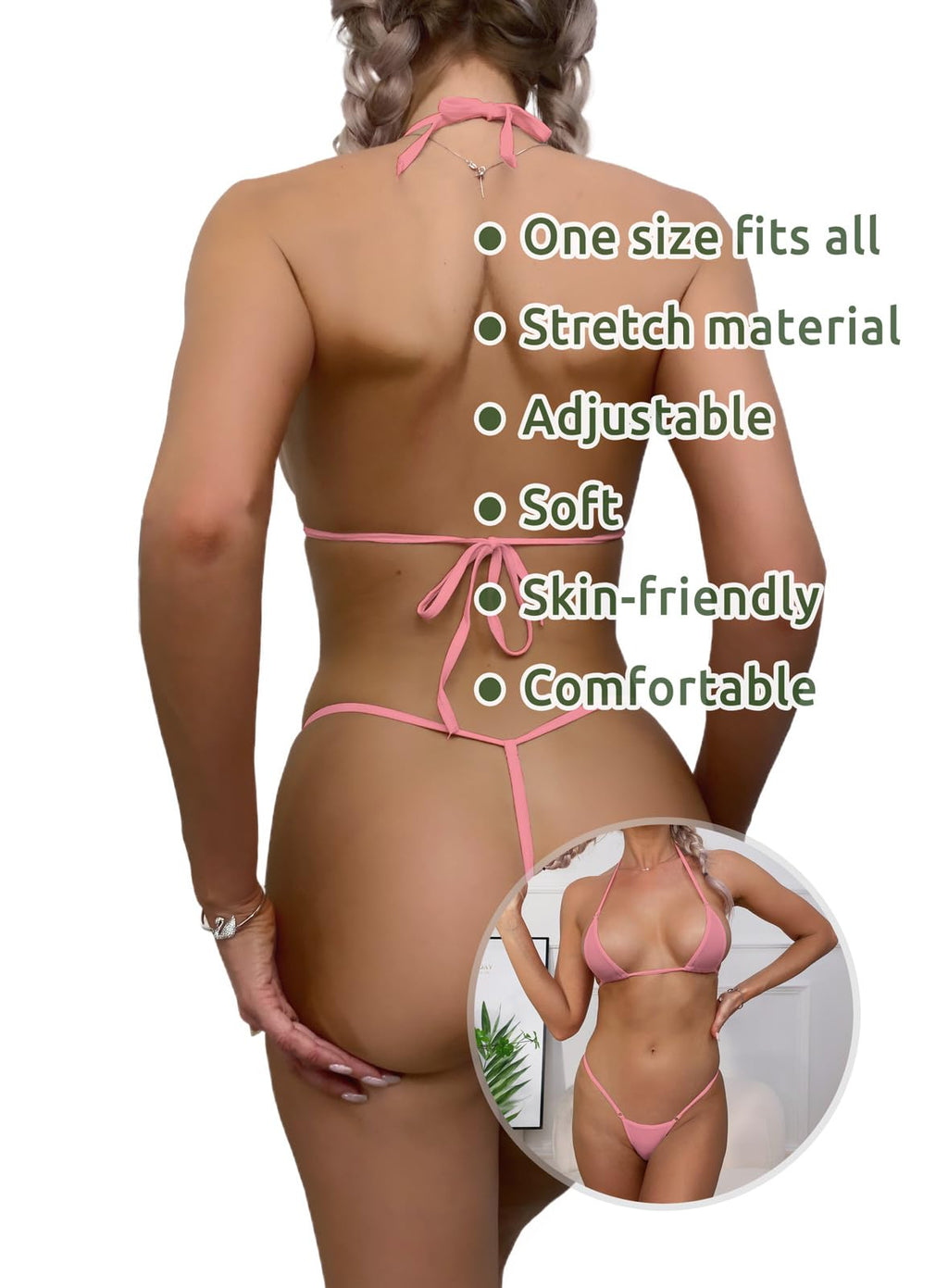 Dadress G String Mini Bikini Sets Sexy Swimsuit Micro Bra Bikinis Lingerie for Women Pink