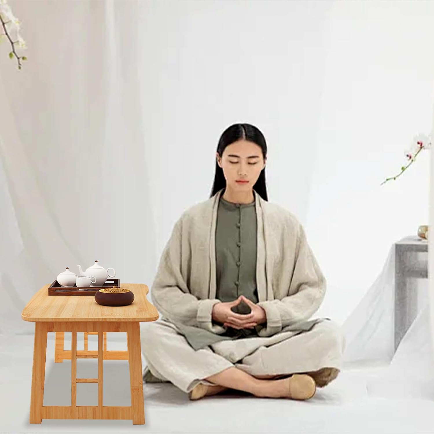 Japanese Folding Coffee Table,Bamboo Foldable Floor Low Table,Chabudai Tea Table for Sitting Tatami Living Room Bay Window,No Assembly (Wood)