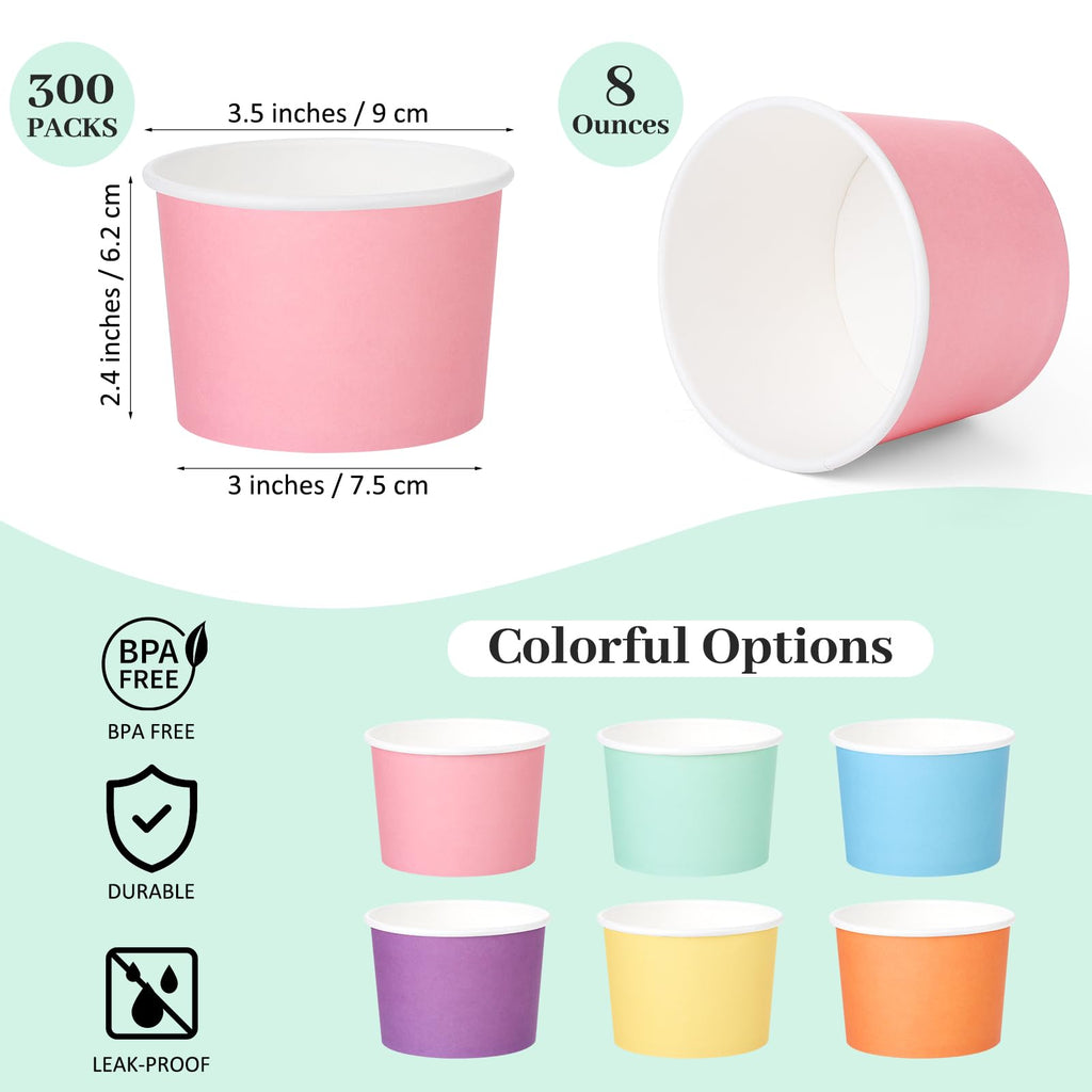 Aodaer Paper Ice Cream Cups Disposable Dessert Bowls 6 Colors Ice Cream Containers Hot and Cold Food Bowls Summer Party Treat Cups for Frozen Yogurt, Dessert, Sundae (300, 8 oz)