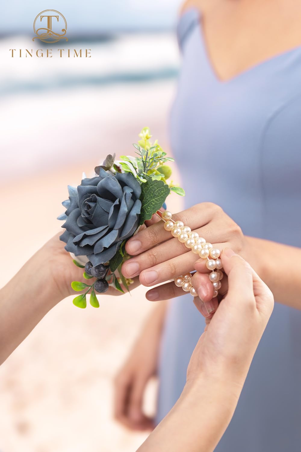 TINGE TIME Set of 2 Wrist Corsage Bracelets Pearl Wristlet Band Bridesmaid Bracelet for Wedding Ceremony Bridal Shower Wedding Artificial Flower Prom (Dusty Blue)