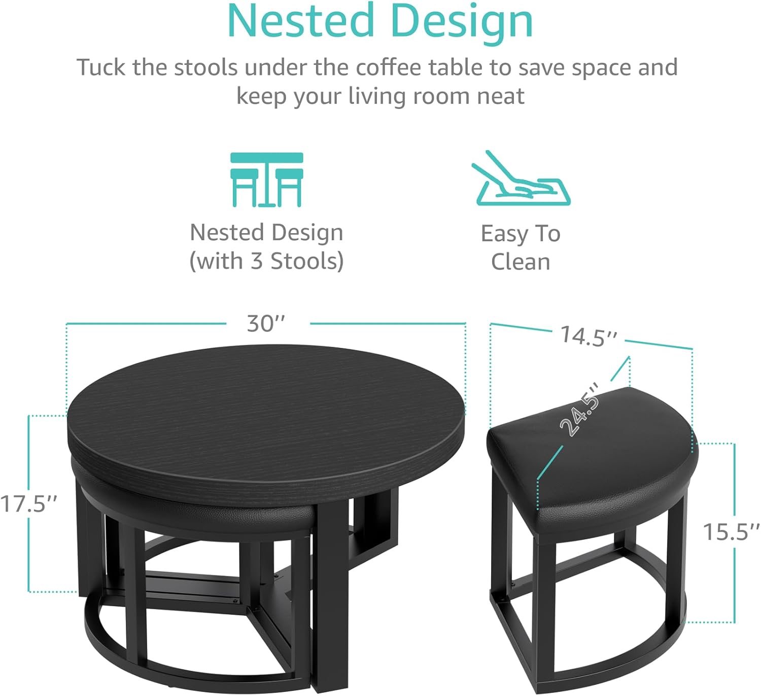 Round Coffee Table with Stools Underneath - 30 Inch Small Modern Tables Set with 3 Chairs Ottomans Seating Seats Black Wood