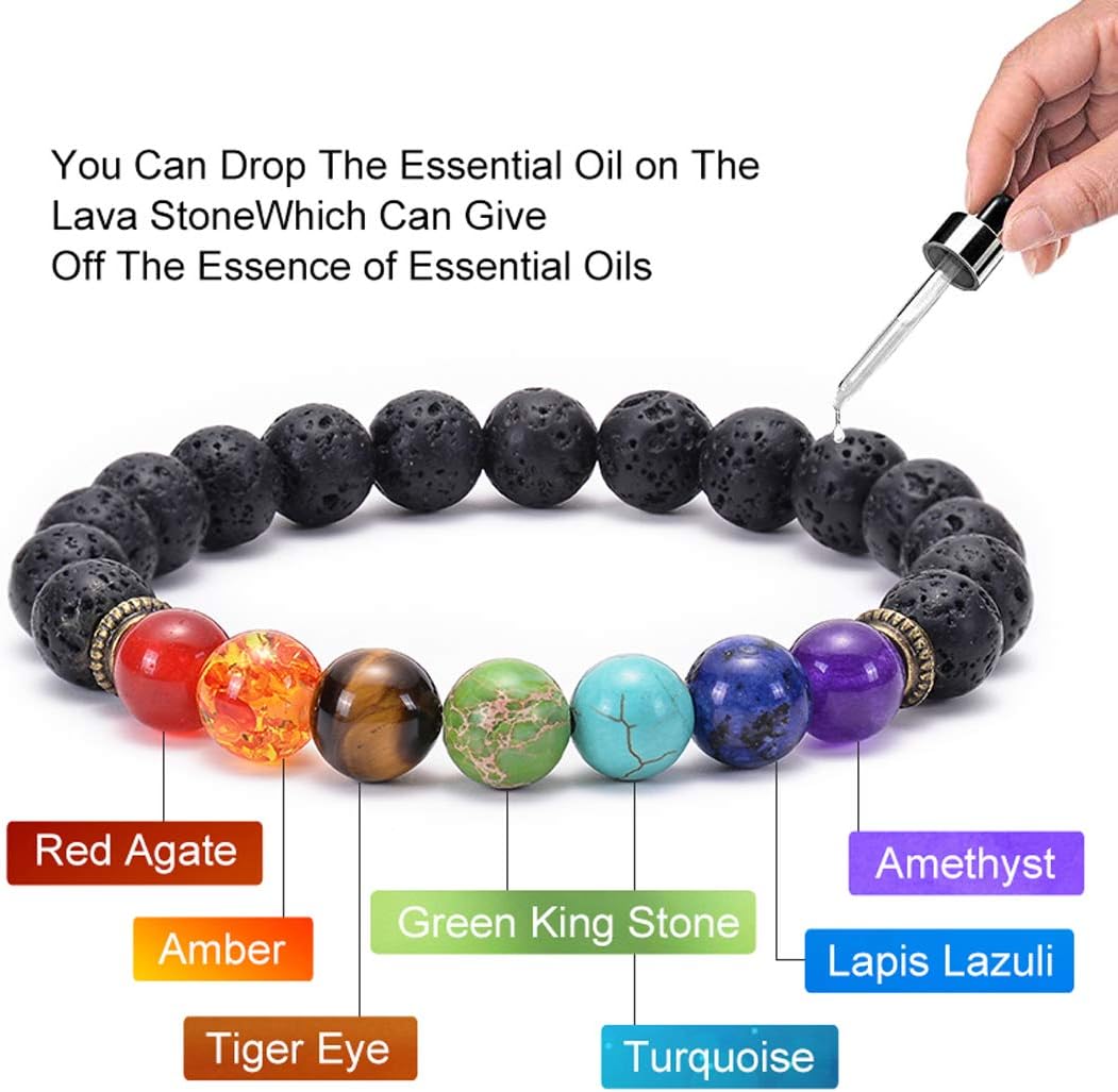 GelConnie Lava Rock Chakra Bracelet 7 Chakra 8mm Natural Stone Healing Bracelet Stress Relief Yoga Beads Anxiety Bracelet Aromatherapy Essential Oil Diffuser Bracelet Bangle