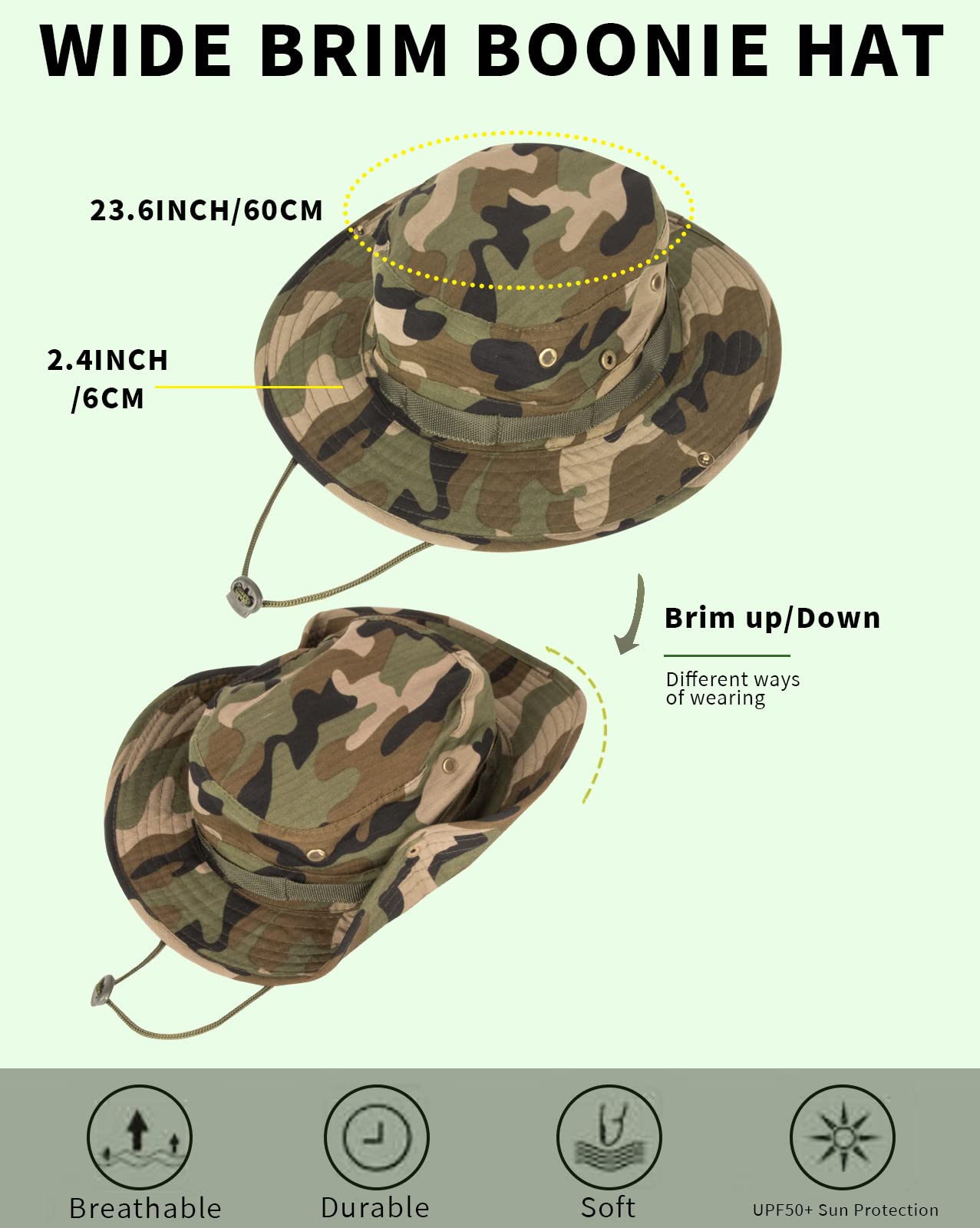 Chapeaux de soleil pour hommes femmes chapeau bob UPF 50+ chapeau boonie pliable protection UV randonnée plage pêche été safari (1 paquet-camouflage jungle)