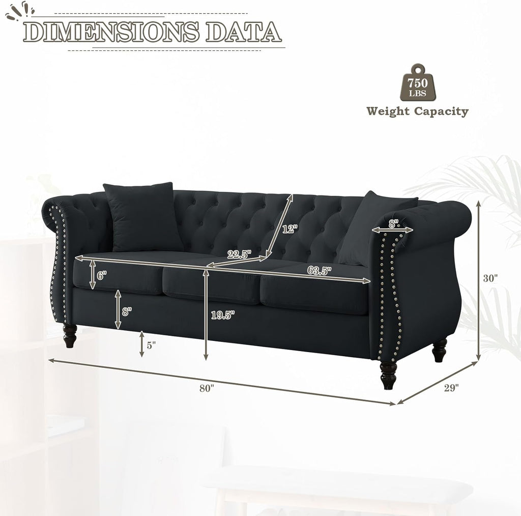 Chesterfield Sofa Couch,80" Button Tufted Velvet Sofa with Rolled Arms&Nailhead Trim,Comfy 3 Seater Sofa,Oversize Mid Century Modern Couch for Living Room,Bedroom,Apartment,Office(Black)