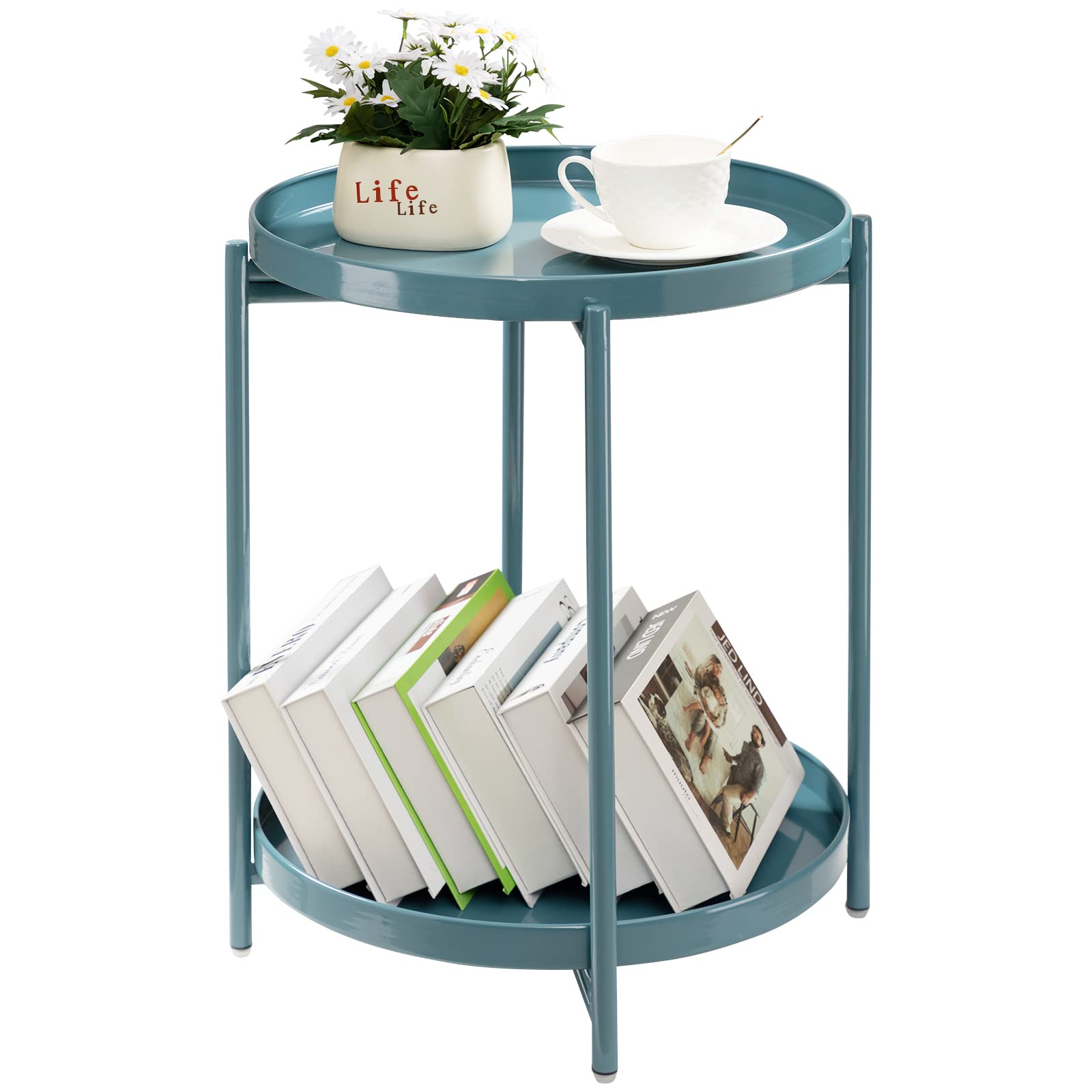 TeoKJ 2 Tier Gold Side Table, Folding Round Metal End Table Small Nightstand with Two Removable Tray for Bedroom Living Room Small Spaces Bedside Gold