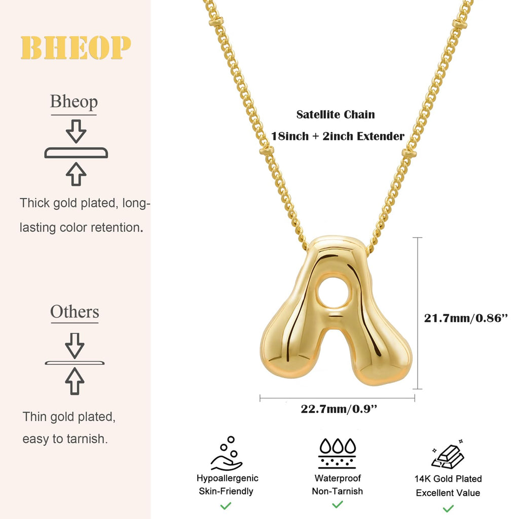 Bheop Gold Bubble Letter Necklace for Women Dainty 14K Gold Plated Balloon Initial Necklaces for Women Trendy Cute Chunky Charm Name Pendant M Necklace Fashion Jewelry Gifts
