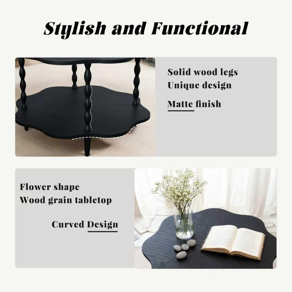 31.5" Coffee Table, 2-Tier Center Table with Storage Shelf for Living Room, Small Space Home Office, Flower Shape, Easy to Assemble