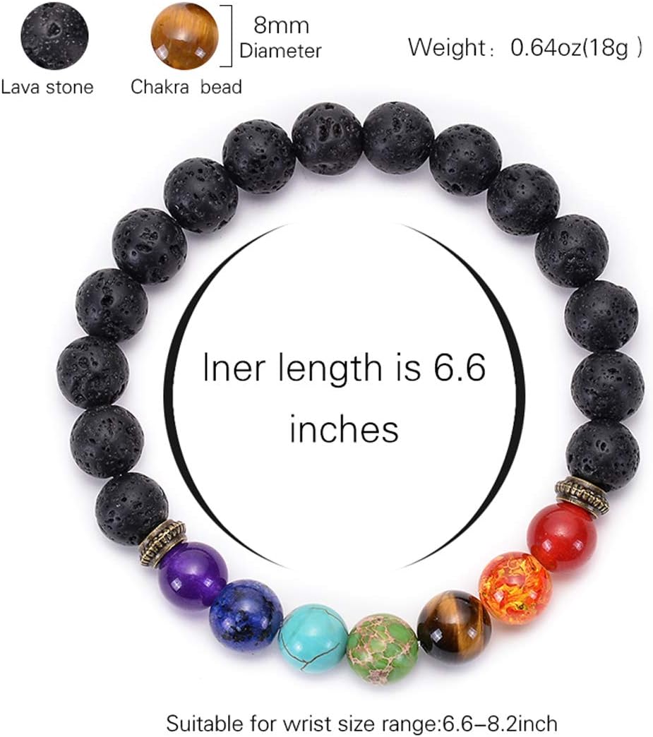 GelConnie Lava Rock Chakra Bracelet 7 Chakra 8mm Natural Stone Healing Bracelet Stress Relief Yoga Beads Anxiety Bracelet Aromatherapy Essential Oil Diffuser Bracelet Bangle