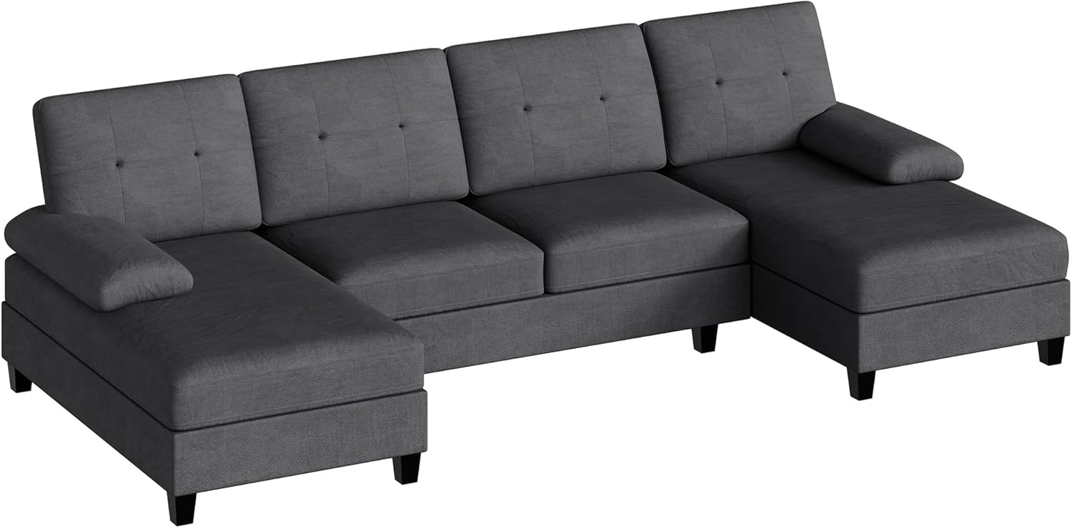 Walsunny Sectional Couches for Living Room, Convertible U-Shaped Sofa Couch with Double Chaise, 4 Seat Sofa Set Modular Sofa Couch for Apartment, Black