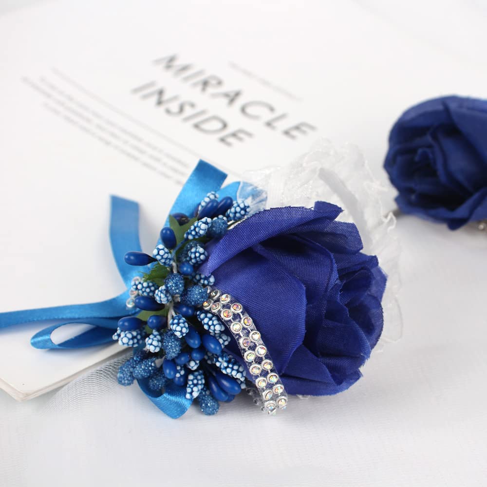 WANLIAN Rose Wrist Corsage Bridesmaid Corsage and Boutonniere Set for Wedding Prom Party Hand Flower Decoration Set of 2 (Blue)