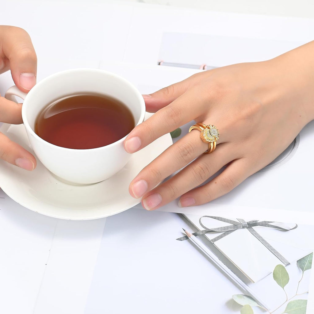 Cremation Jewelry for Ashes Rings - Celestial Sun and Moon Ring Set,Sparkling Sun Ring/Blue Moon Ring/Silver Plating,Friendship Promise Ring,Stackable Celestial Rings,Gift for Women/Girls