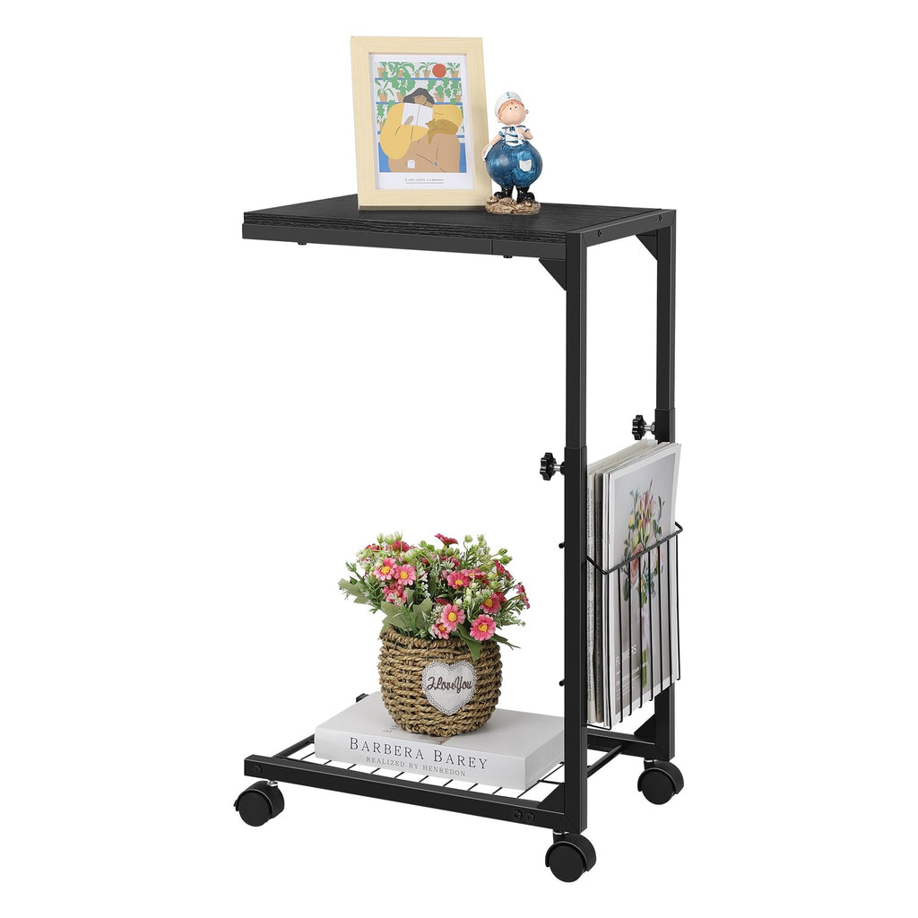 BTY C Shaped Side Table Adjustable Height End Table for Small Spaces C Table with Wheels Couch Table with Storage Laptop Side Table for Sofa Living Room Bedroom (Grey)