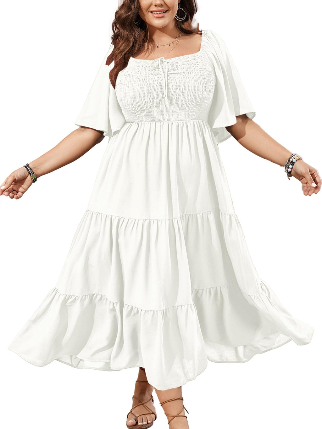 SCOMCHIC Women's Plus Size Flowy Maxi Dress Flutter Short Sleeve Boho Dress Square Neck Smocked Formal Dresses for Women White