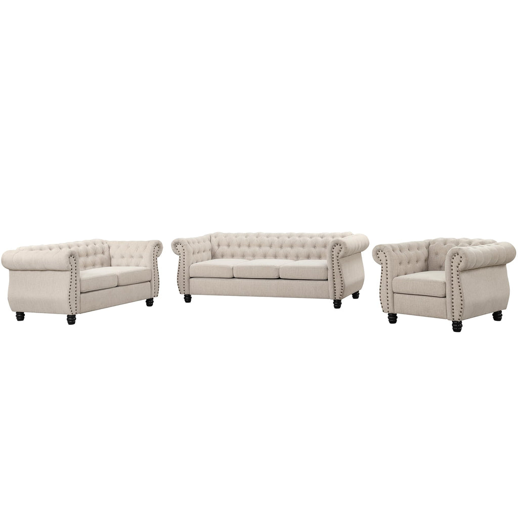 Morden Fort Classic Chesterfield Sofa Set 82'', Tufted Sofa Couch Set with Solid Wood Legs Thick Cushion, Pet-Friendly 3-Seater Sofas Couches for Living Room Bedroom Apartment - Velvet Beige