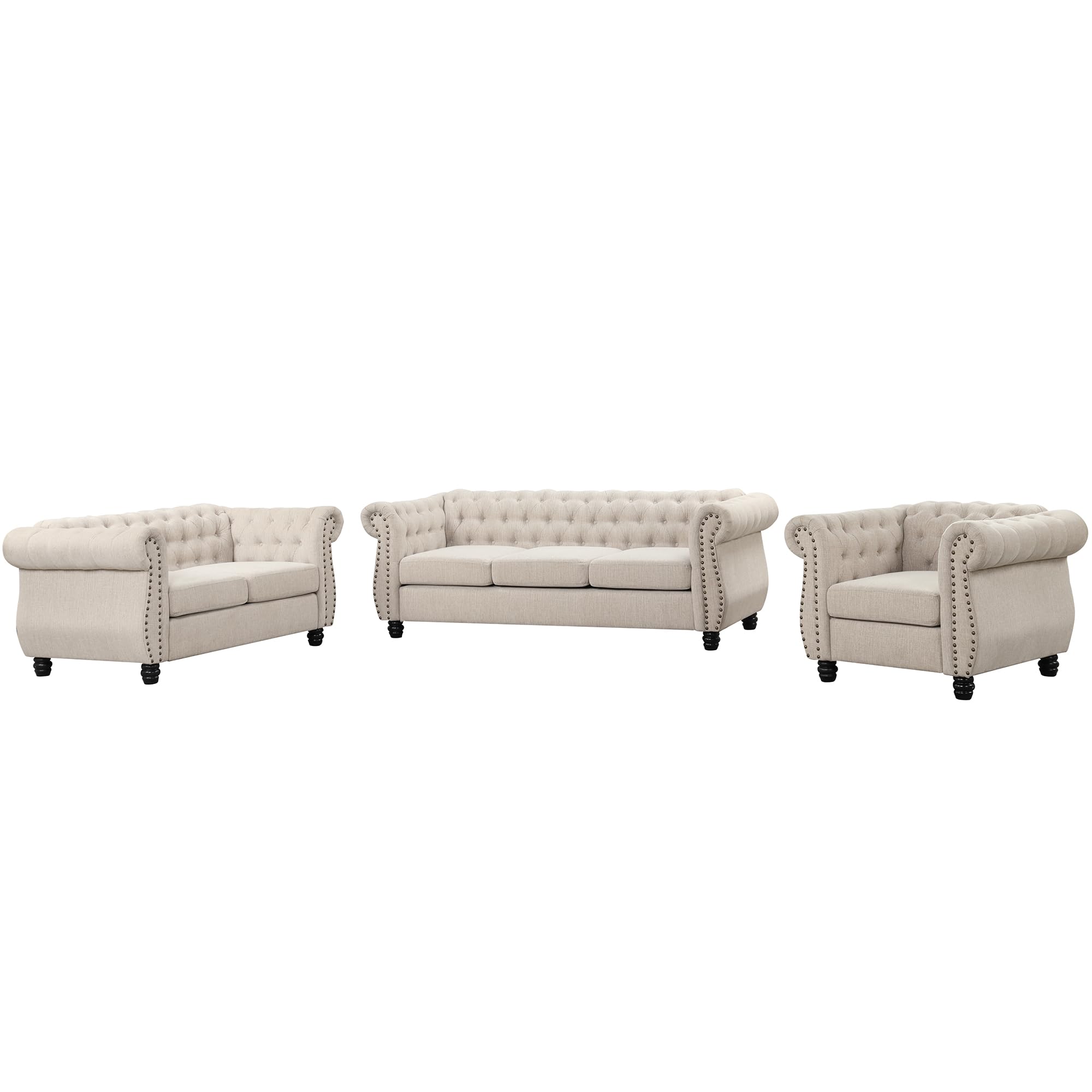 Morden Fort Classic Chesterfield Sofa Set 82'', Tufted Sofa Couch Set with Solid Wood Legs Thick Cushion, Pet-Friendly 3-Seater Sofas Couches for Living Room Bedroom Apartment - Velvet Beige