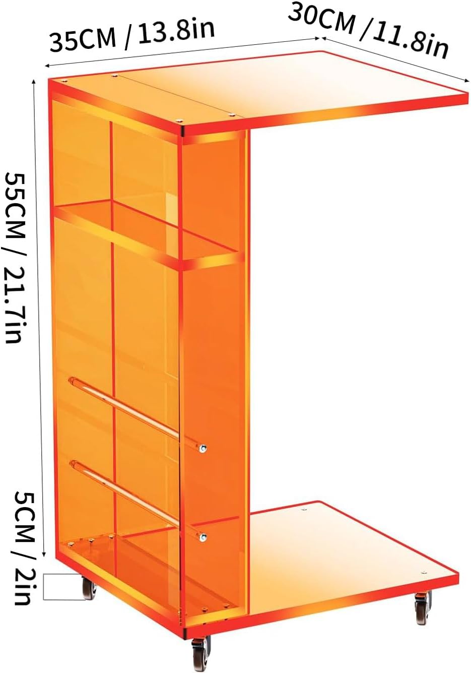 Clear Acrylic Side Table on Lockable Wheels, C Shaped End Table for Sofa, Small Coffee Tables for Small Spaces (Orange)
