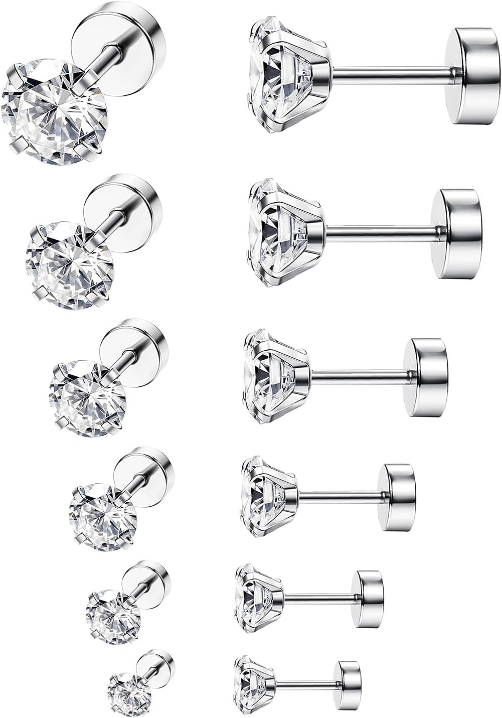 ORAZIO 6Pairs Hypoallergenic Flat Back Earrings 316L Stainless Steel Studs for Sensitive Ears, 3-8mm Cubic Zirconia, Stylish Jewelry for Women Men - Silver