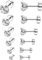 ORAZIO 6Pairs Hypoallergenic Flat Back Earrings 316L Stainless Steel Studs for Sensitive Ears, 3-8mm Cubic Zirconia, Stylish Jewelry for Women Men - Silver