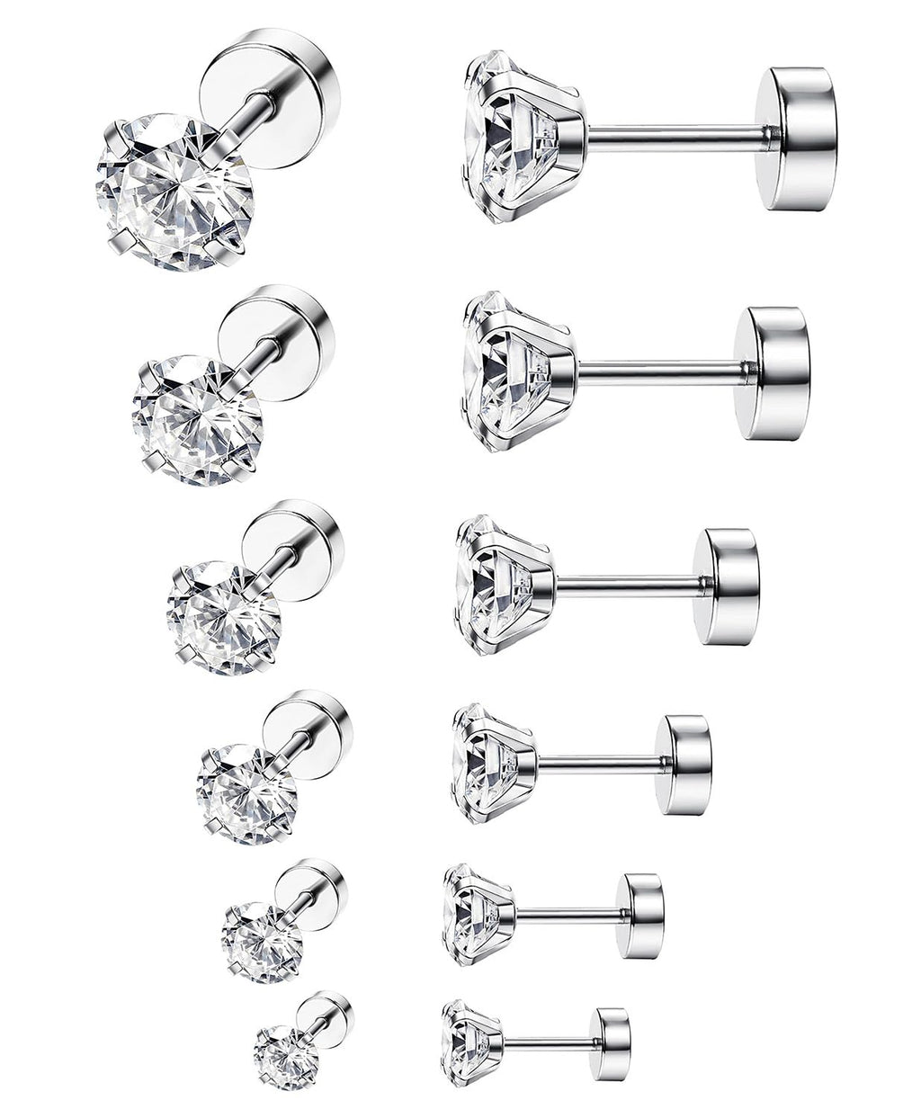 ORAZIO 6Pairs Hypoallergenic Flat Back Earrings 316L Stainless Steel Studs for Sensitive Ears, 3-8mm Cubic Zirconia, Stylish Jewelry for Women Men - Silver