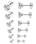 ORAZIO 6Pairs Hypoallergenic Flat Back Earrings 316L Stainless Steel Studs for Sensitive Ears, 3-8mm Cubic Zirconia, Stylish Jewelry for Women Men - Silver
