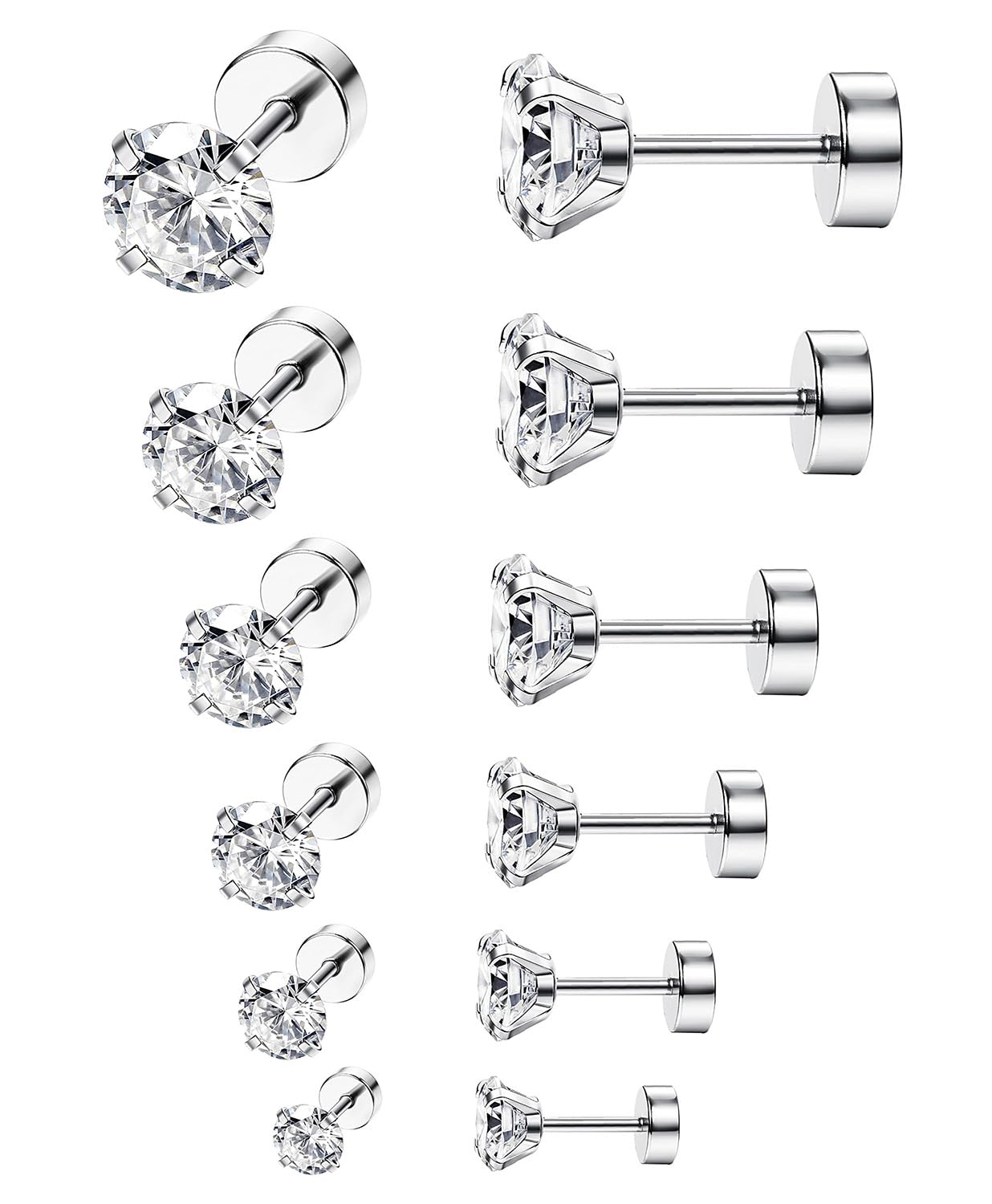 ORAZIO 6Pairs Hypoallergenic Flat Back Earrings 316L Stainless Steel Studs for Sensitive Ears, 3-8mm Cubic Zirconia, Stylish Jewelry for Women Men - Silver