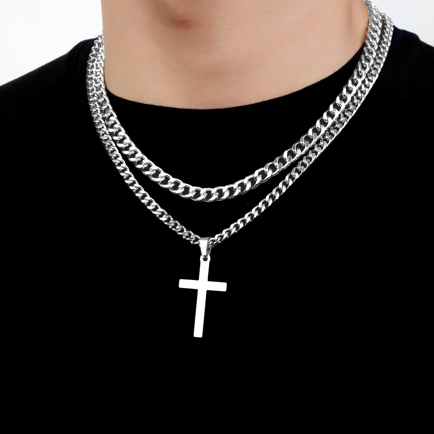 SENRAN Layered Cross Necklace for Men Boys Stainless Steel Layered Cuban Link Chain 16-24 inch Christian Cross Pendant Religious Jewelry Gifts