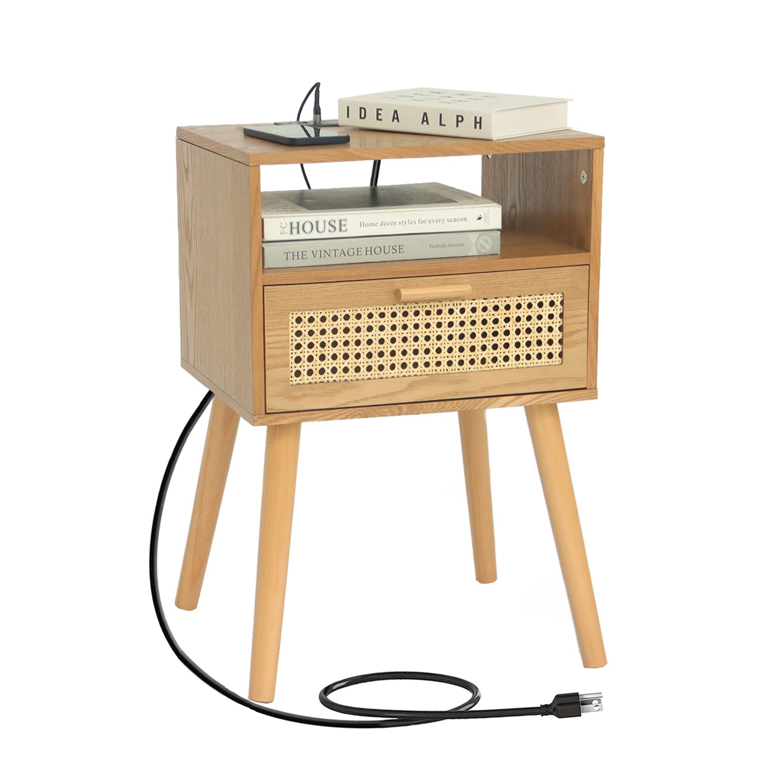 MaxSmeo End Table with Storage Mid Century Nightstand with Rattan Drawer and Shelf, Wood Small Side Coffee Table for Small Space, Living Room and Bedroom, Easy Assembly (Black)