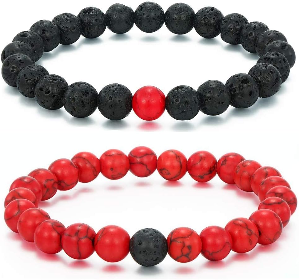 MengPa Mens Beaded Bracelets Couples Matching Bracelet Set Lava Rock Beads for Women Stone Jewelry