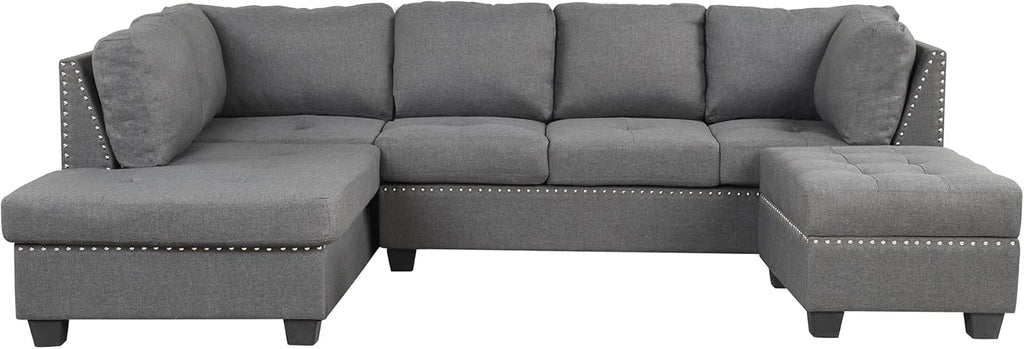 L-Shaped Oversized Reversible Sectional Sofa Couch with Drop-down Cupholders ,Modern Living Room 6 Seaters Corner Tufted Upholstered Sofa&Couch W/Reversible Chaise ,Storage Ottoman and Nailhead Decor