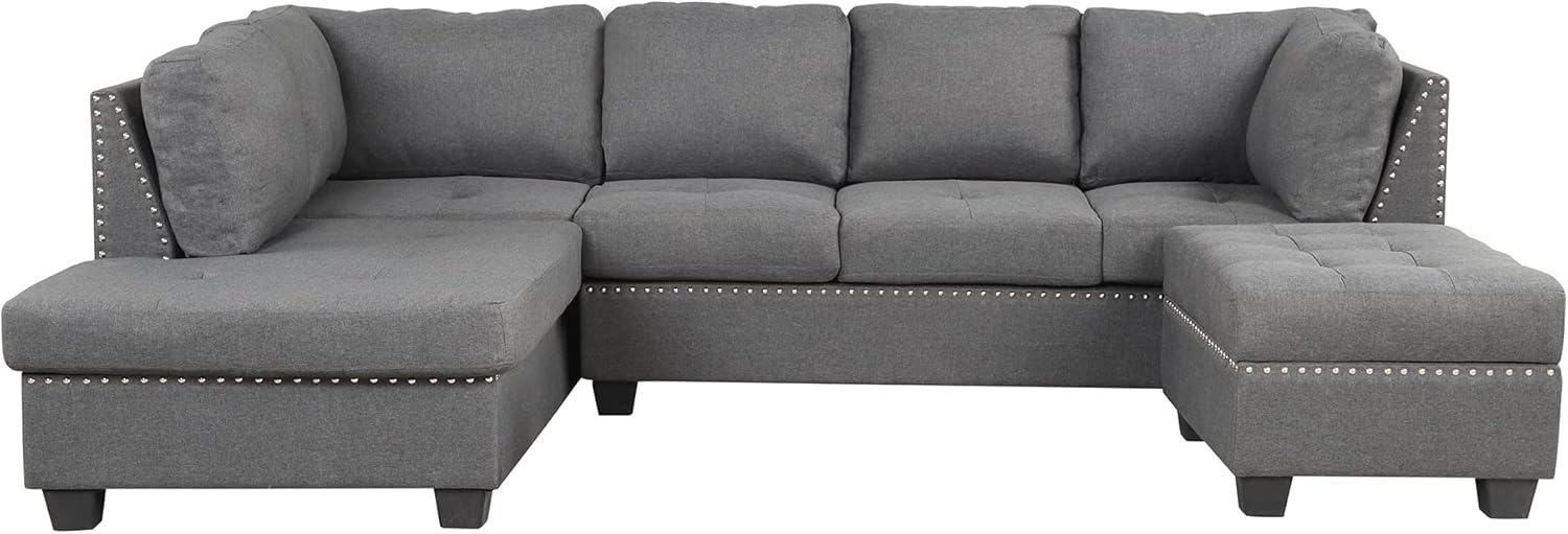L-Shaped Oversized Reversible Sectional Sofa Couch with Drop-down Cupholders ,Modern Living Room 6 Seaters Corner Tufted Upholstered Sofa&Couch W/Reversible Chaise ,Storage Ottoman and Nailhead Decor
