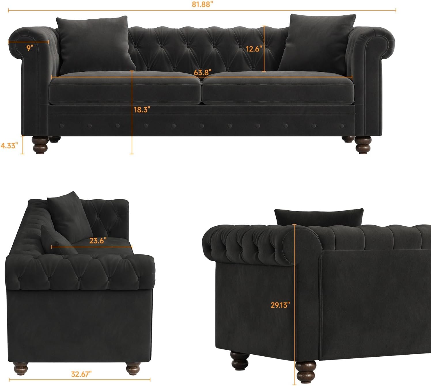 82 Inch Chesterfield Sofa, 23 Inch Deep Seat Velvet Couch for Living Room, Button Tufted Couch with Rolled Arms, 2 Throw Pillows, Comfy Vintage Loveseat Sofa for Apartment, Black