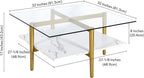 Otto 32" Wide Square Coffee Table with Faux Marble Shelf in Brass