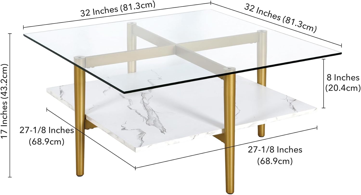 Otto 32" Wide Square Coffee Table with Faux Marble Shelf in Brass