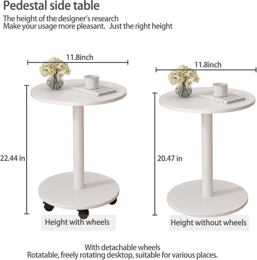 Pedestal Side Table Round with Wheel, Rotating Couch Tables That Slide Under, Small Side Table for Living Room and Bedroom Sofas, Beds, Mini Coffee Tables, (H) 22.4 *(W) 11.8 (Assembly Required)