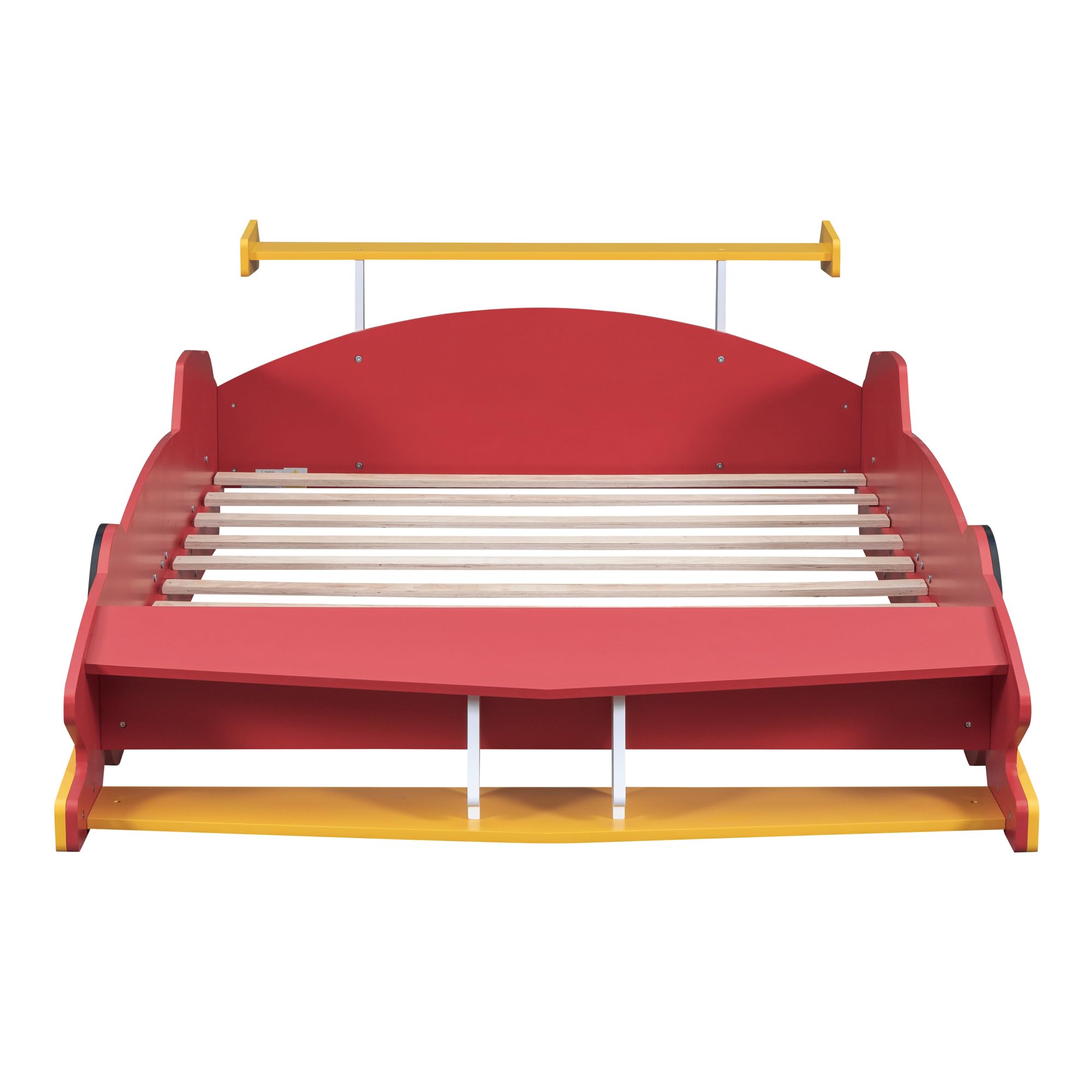 Lit de course taille réelle Bellemave pour enfants, lit plateforme en forme de voiture en bois avec étagères de rangement, lit voiture complet avec roues pour garçons, filles, (taille réelle, rouge)