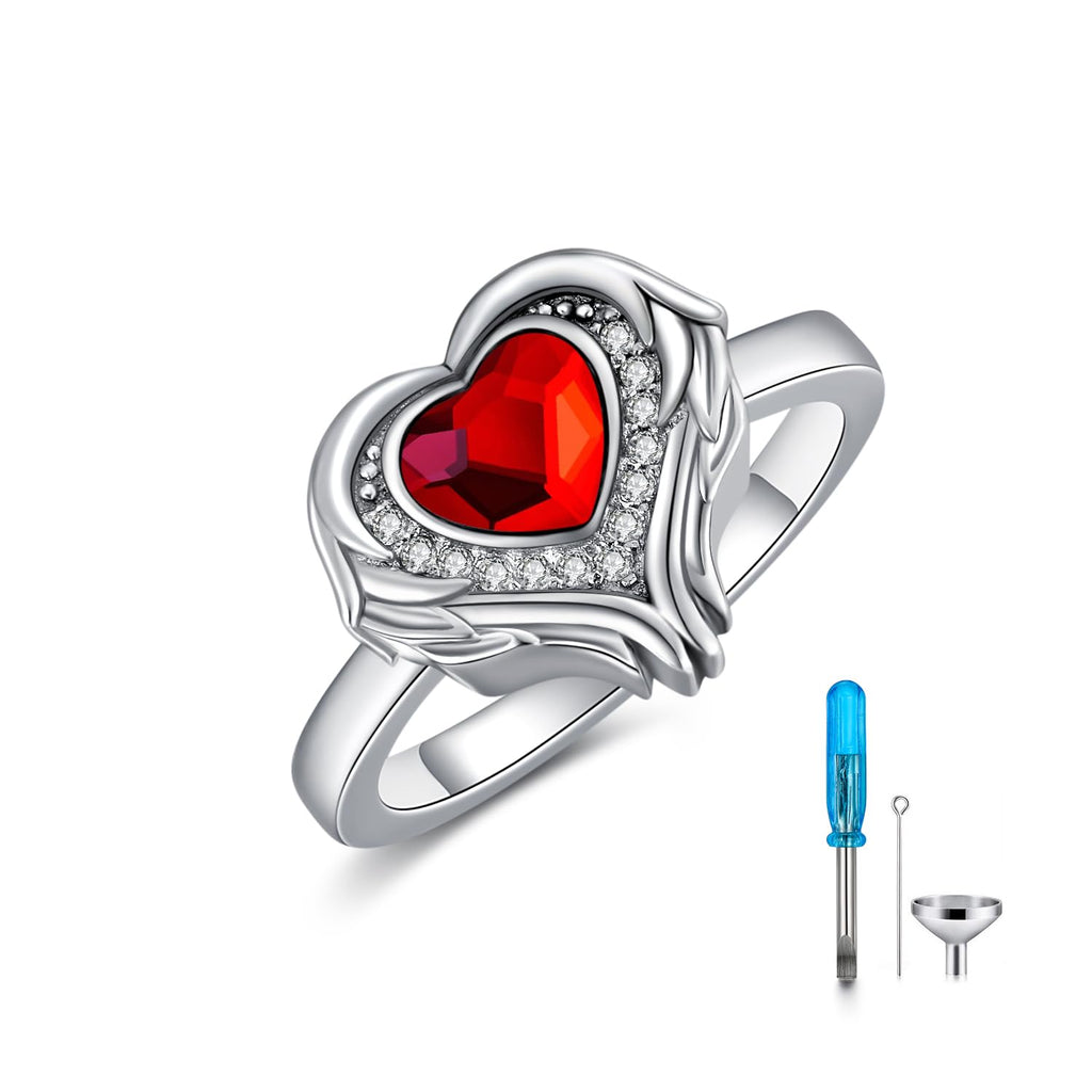 AOBOCO 925 Sterling Silver Angel Wings Heart Cremation Ring Holds Loved Ones Ashes, Heart Urn Ring for Ashes for Women, Memorial Keepsake Ring Embellished with Crystals from Austria