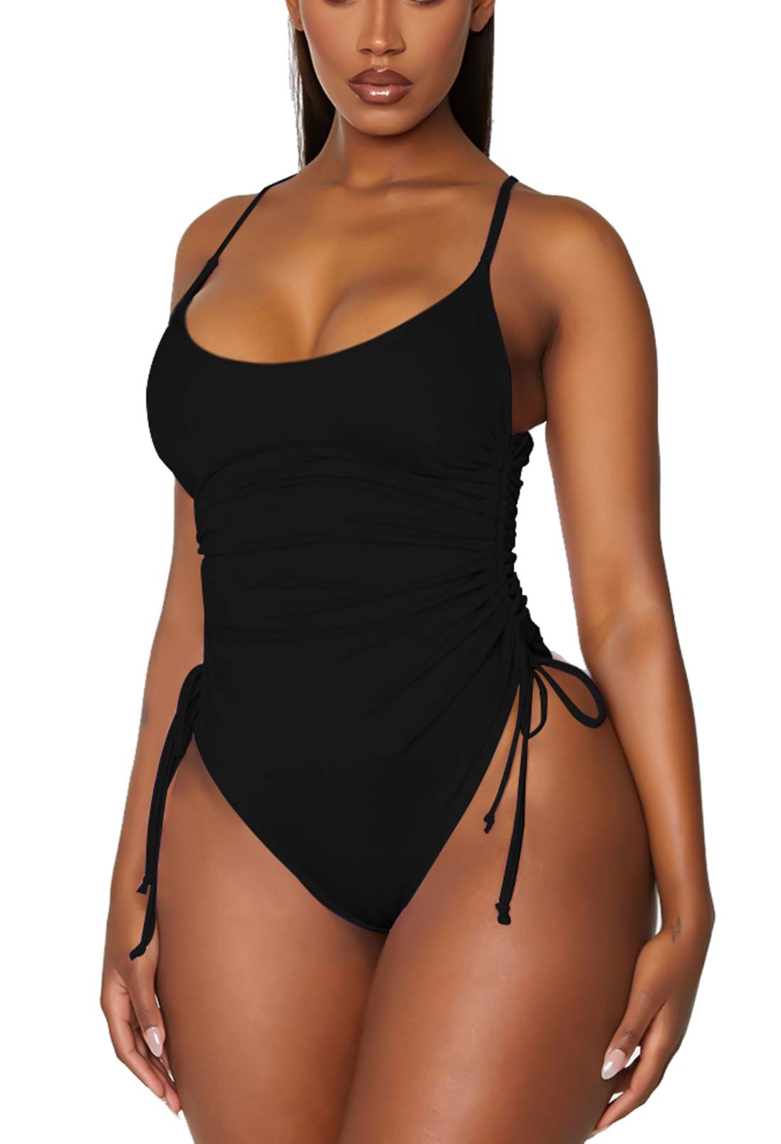 Viottiset Women's Ruched Drawstring One Piece Swimsuit Tummy Control Cheeky Bathing Suit Black Medium