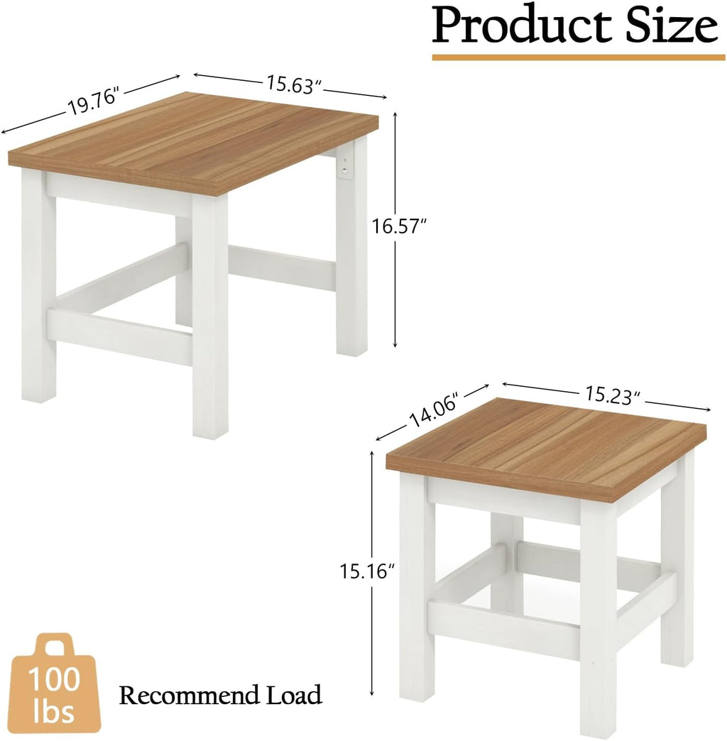 Vikiullf Farmhouse Nesting Table Set of 2, Wooden Coffee Tables, Modern Square End Table, Side Table for Living Room, Bedroom, Accent Bedside Table