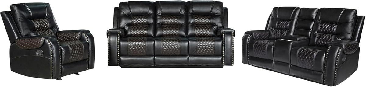 PU Leather Sofa Set, 3 Pieces Living Room Set with Cup Holders, Manual Recliner Sofa &Loveseat & Chair, Black