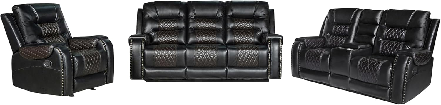 PU Leather Sofa Set, 3 Pieces Living Room Set with Cup Holders, Manual Recliner Sofa &Loveseat & Chair, Black