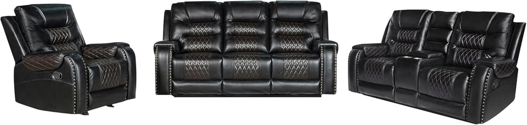 PU Leather Sofa Set, 3 Pieces Living Room Set with Cup Holders, Manual Recliner Sofa &Loveseat & Chair, Black