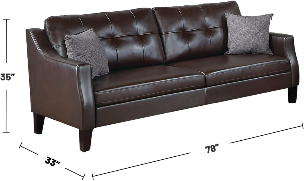 Poundex Faux Leather 2-Piece Set with Accent Pillows Sofas, Dark Brown
