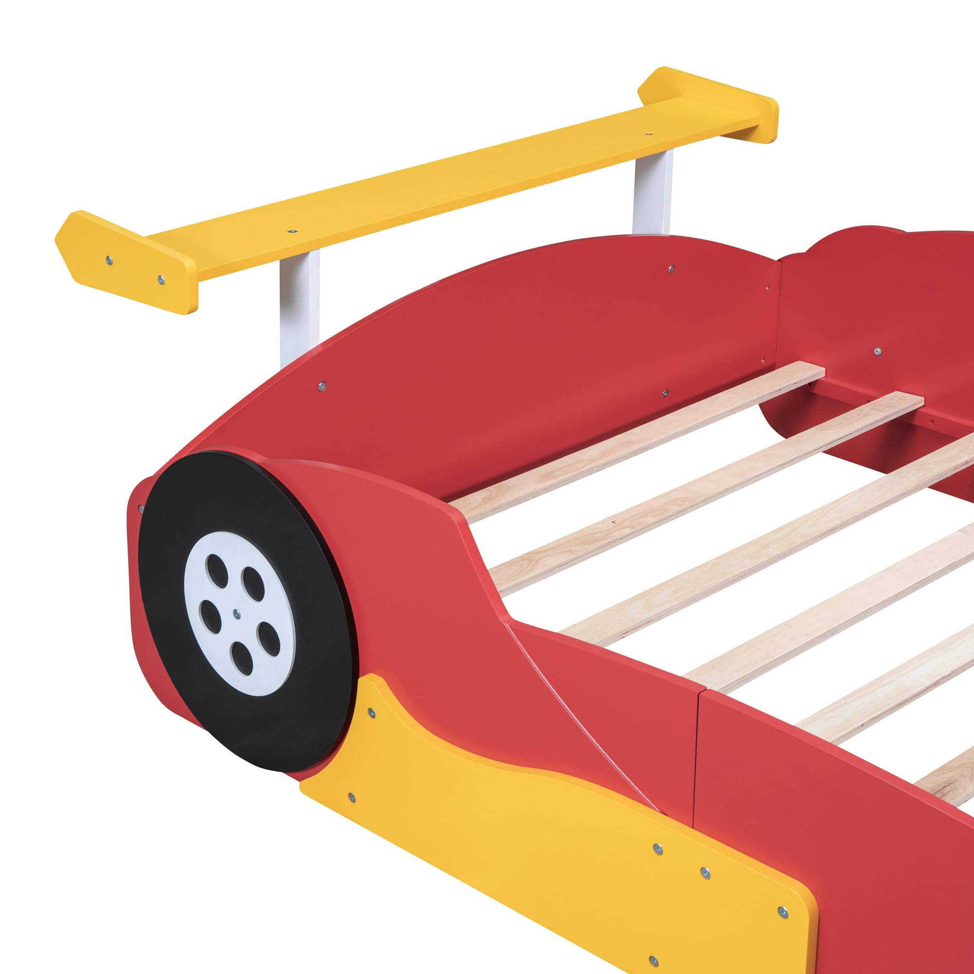 Bellemave Full Size Race Car Bed for Kids,Wood Car-Shaped Platform Bed with Storage Shelves,Car Bed Full with Wheels for Boys,Girls,(Full,Red)
