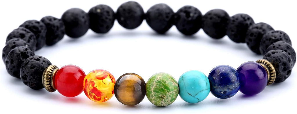 Hamoery Men Women 8mm Lava Rock 7 Chakra Beads Chakra Bracelet Braided Rope Natural Stone Yoga Bracelet Bangle