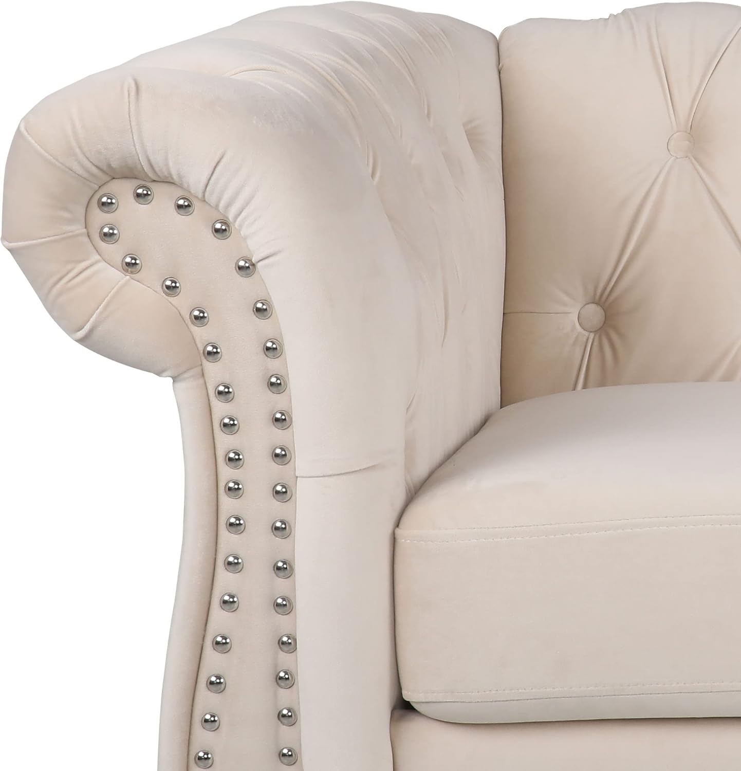 RARZOE Chesterfield Classic Sofa, Mordern 3 Seater Velvet Sofa Couch, Tufted Back Chesterfield Settee Sofas with Nailhead Trim Scroll Arms for Living Room Apartment(Beige)