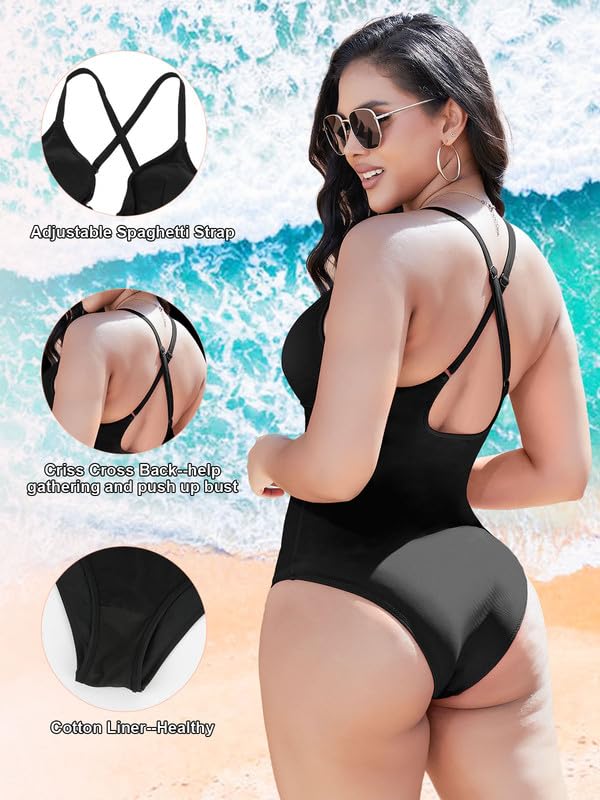 SHAPERIN Women One Piece Swimsuit Tummy Control Bathing Suits Sexy Deep V Neck Spaghetti Strap Push Up Swimwear Monokini Black S